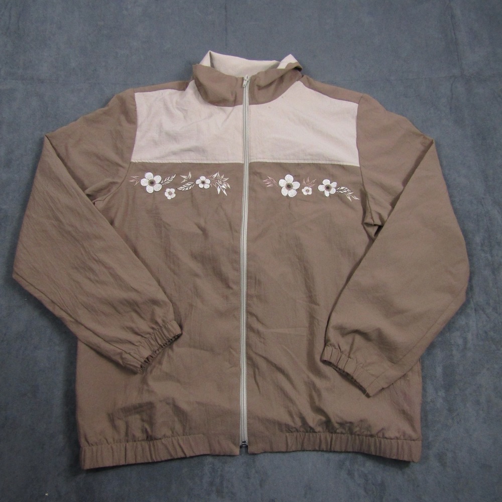 Blair Windbreaker Jacket Women Medium Brown Floral Embroidered Full Zip